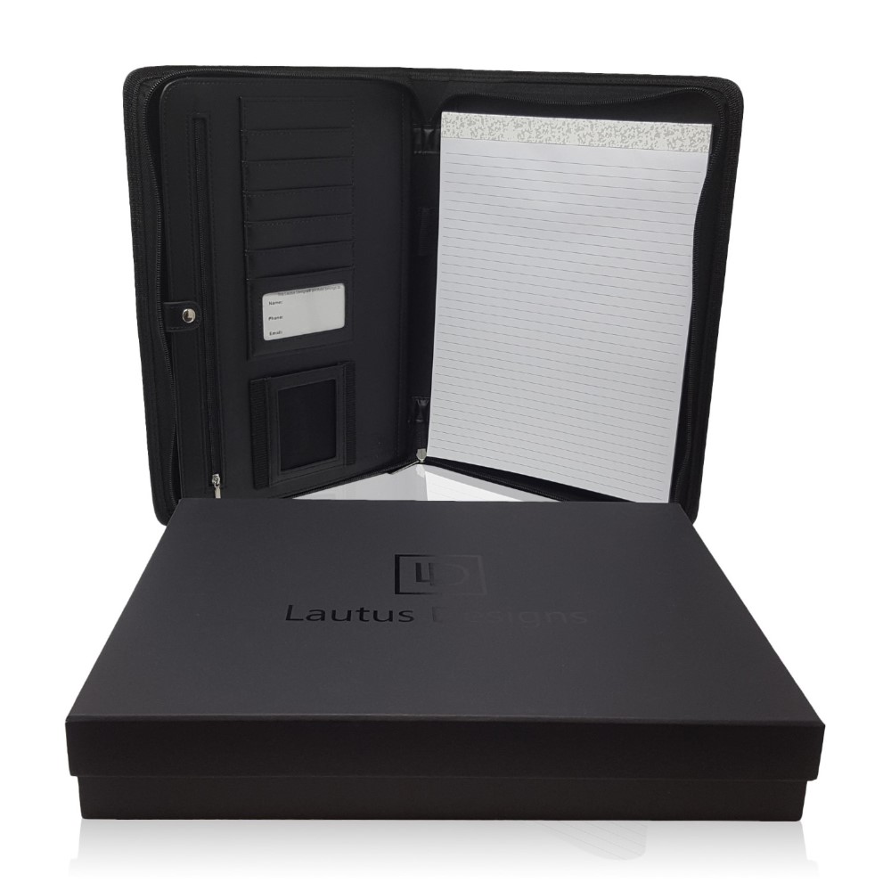 Lautus Designs A4 Executive Conference Folder - Professional Matt Black Faux Leather Zippered Binder & Business Portfolio Organizer for Men or Wo